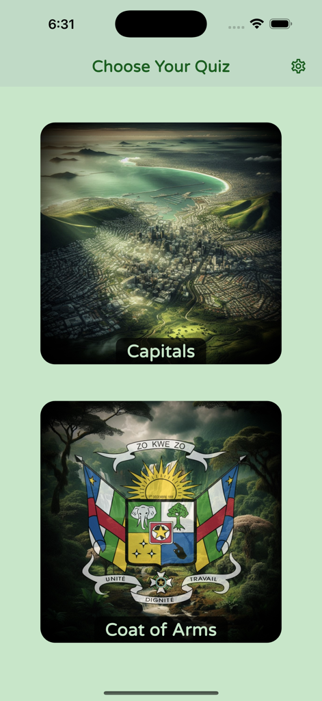 Schermata del menu dell'app Quiz sull'Africa che mostra le opzioni per i quiz su capitali e stemmi