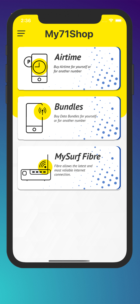 MascomOnline - MascomOnline app My71Shop interface displaying options for airtime bundles and fibre services