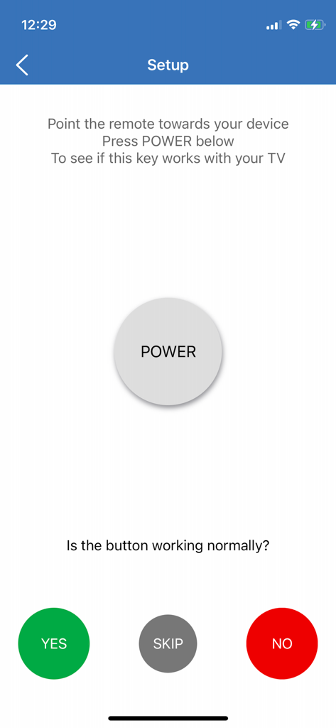 RCA Smart Remote - Pantalla de configuración de la aplicación RCA Smart Remote que muestra la prueba del botón de encendido para confirmar el emparejamiento del dispositivo