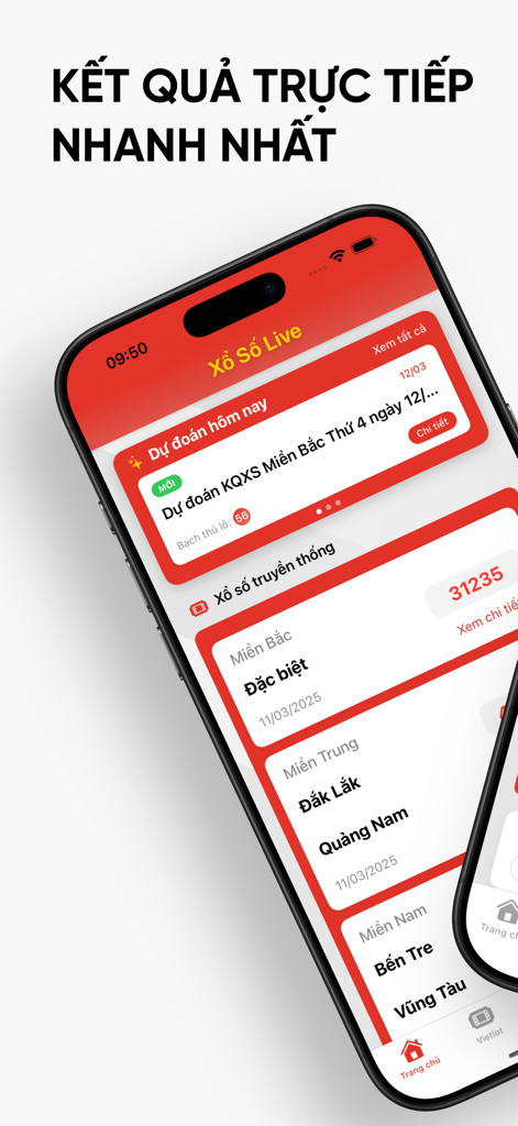 Xổ Số Live - Interface of Xo So Live app showing live Vietnamese lottery results and predictions