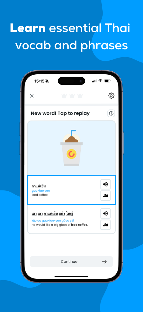 Ling - Learn Thai Language - Ling app interface showing a Thai language lesson with vocabulary and phrases for iced coffee.