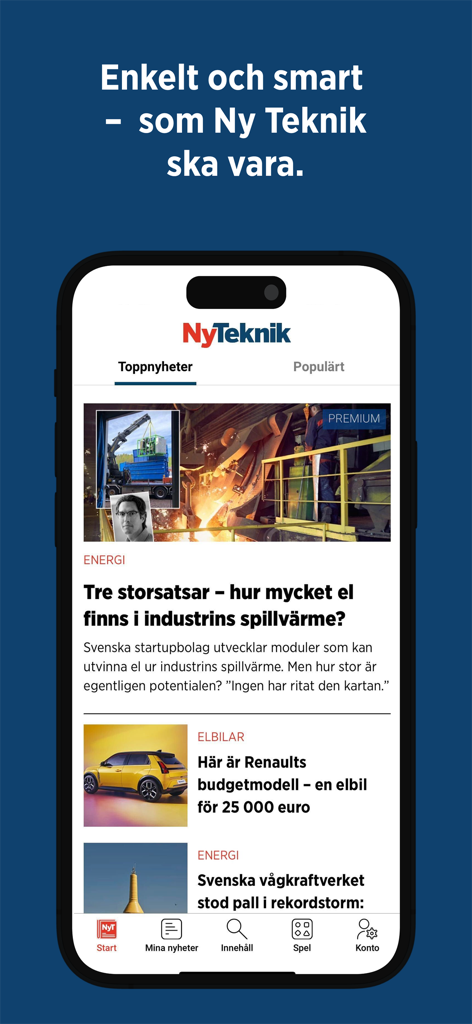 Ny Teknik mobile app interface showing technology news headlines on energy and electric vehicles in Swedish.