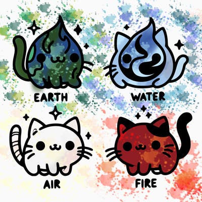 4 cats that represent the different elements, earth, water, air, and fire