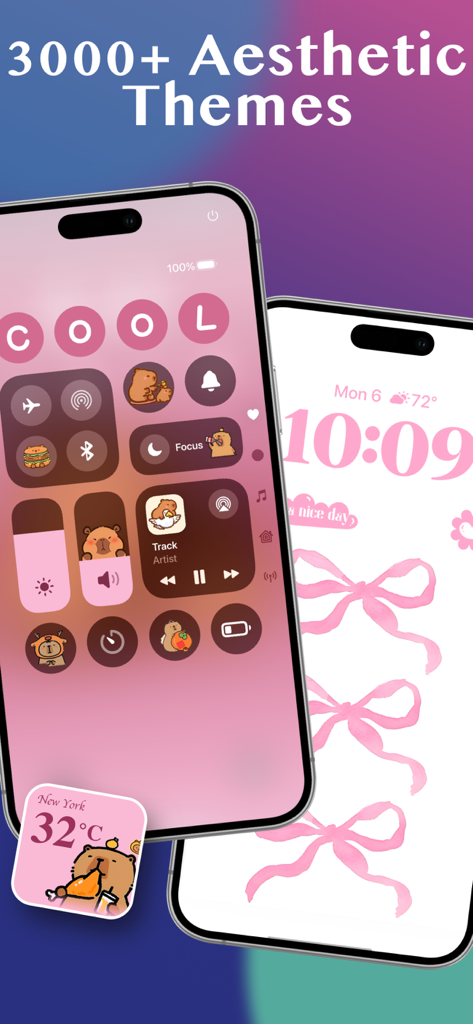 Live Wallpaper-Charing 4K - Two iPhones displaying aesthetic pink themes with custom capybara icons and widgets