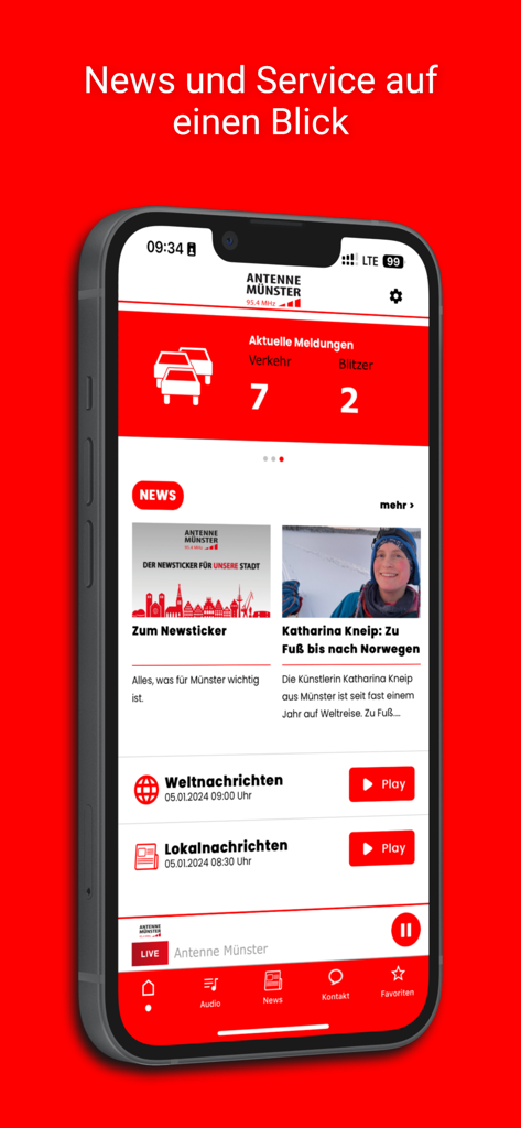 ANTENNE MÜNSTER - Antenne Muenster App Dashboard mit lokalen Nachrichten und Verkehrsinformationen auf einem iPhone