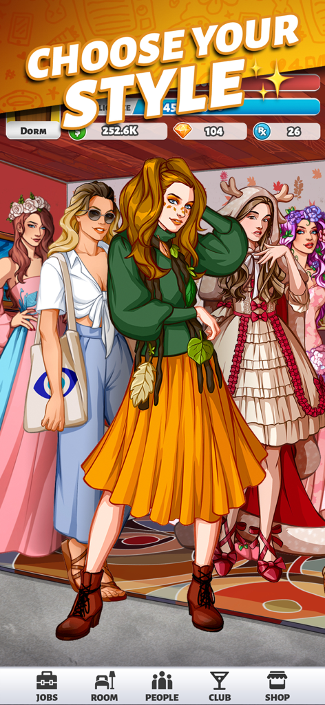 Party in My Dorm: Campus Life - A group of female avatars in diverse fashion styles with a Choose Your Style banner