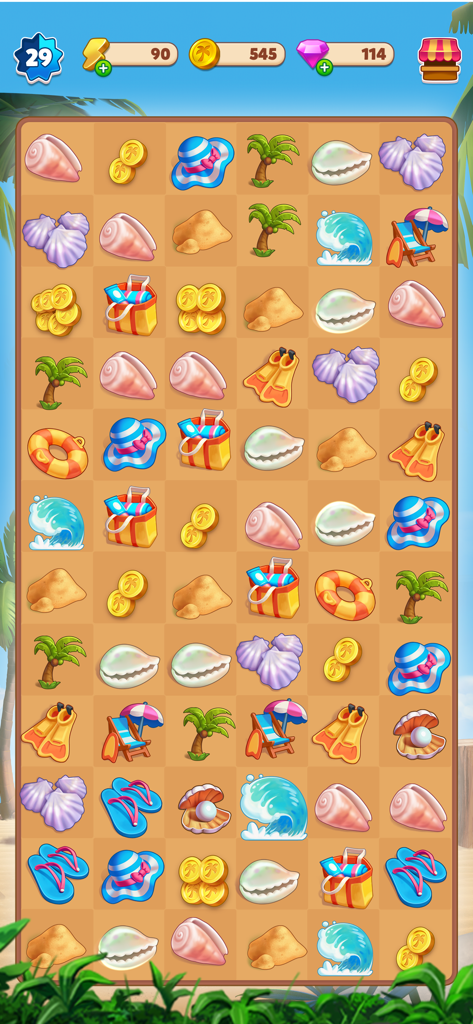 A merge game board from Travel Town featuring beach themed items like shells, palm trees, and sun hats on a grid