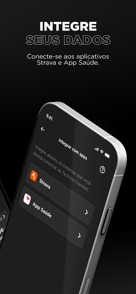 Technos Connect app interface showing integration options for Strava and Health apps
