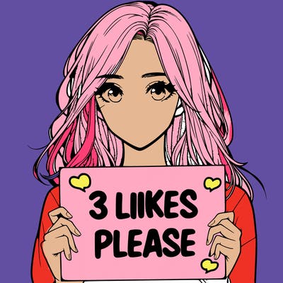 a realistic girl having a sign saying 3 likes please