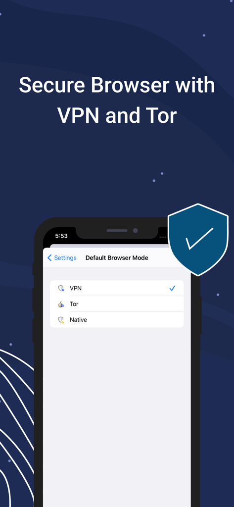 Private Browser: Web Browser - Smartphone-Bildschirm mit den Einstellungen des Ghost Private Browser mit Optionen für VPN- und Tor-Modi
