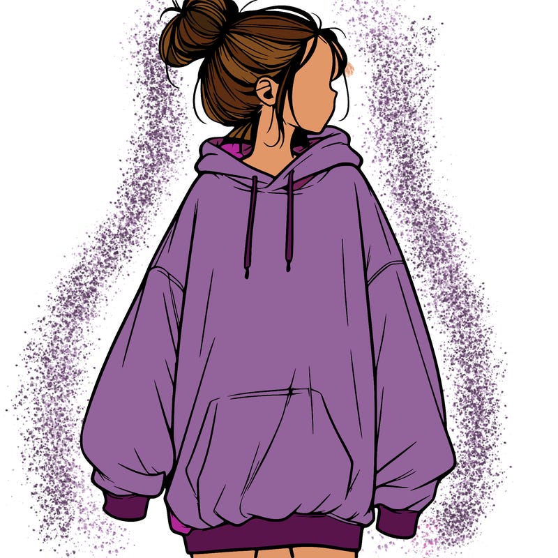 realistic girl with a oversized sweatshirt on and a bun