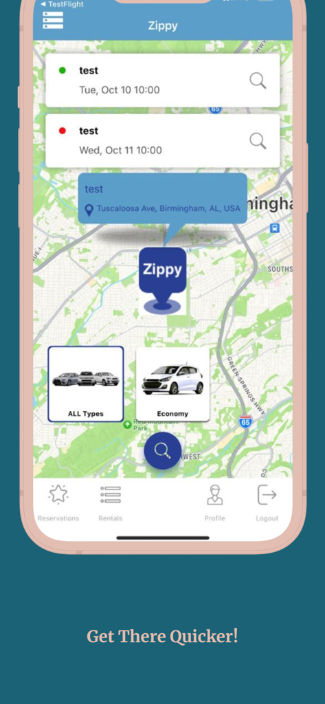 Zippy App - Zippy car rental app interface showing a map for location selection and vehicle type options