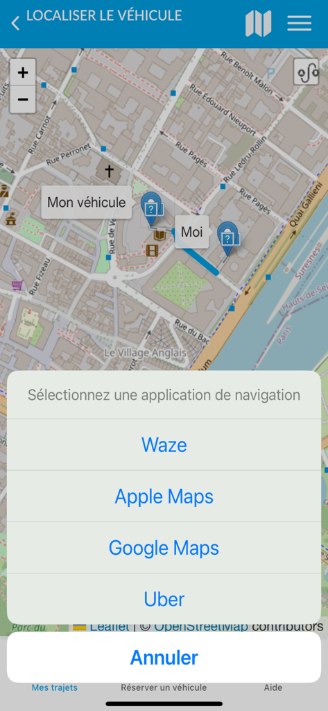 City-Drop - Interface do aplicativo City-Drop mostrando um mapa com a localização do veículo e um menu de seleção de aplicativo de navegação para Waze, Apple Maps, Google Maps e Uber.