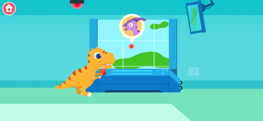 A dinosaur character in a control room monitoring a rescue mission screen