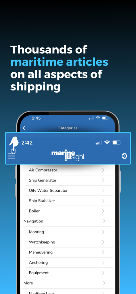 Marine Insight app displaying a list of technical maritime article categories