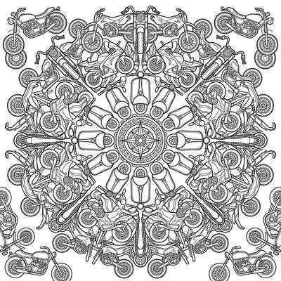 Dive into a world of intricate design with this unique Motorcycle Mandala coloring page. Featuring a stunning radial arrangement of various two-wheeled vehicles, it offers a challenging yet rewarding coloring experience for enthusiasts.