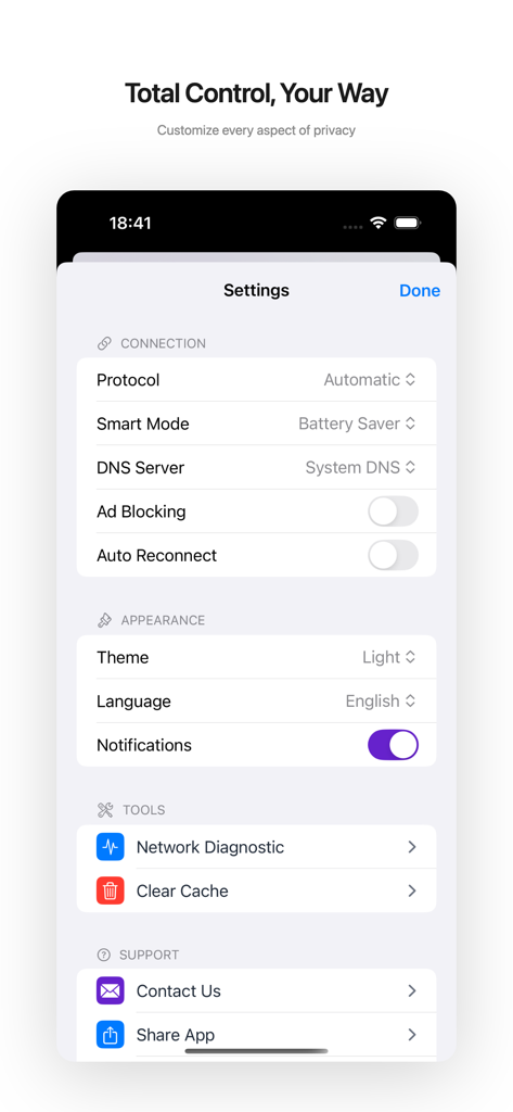 Settings interface of SuperVPN app showing options for connection protocols, ad blocking, and privacy customization