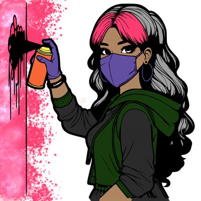 realistic girl with mask spray painting a wall