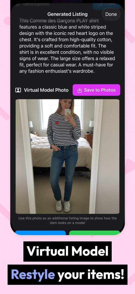 AI-generated clothing description and virtual model photo for a fashion resale listing