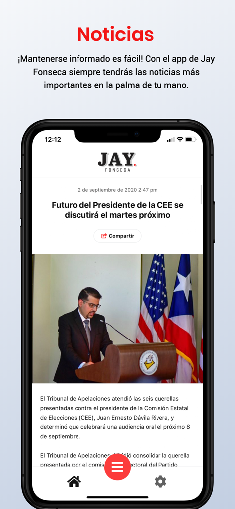 Jay Fonseca - Jay Fonsecaモバイルアプリのインターフェース。プエルトリコ政治に関するスペイン語のニュース記事が表示されています。