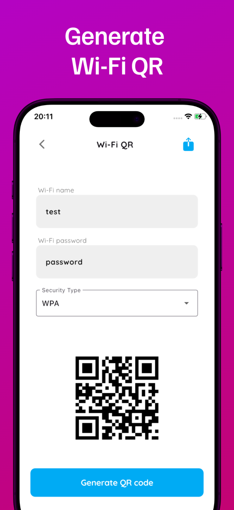 Interface of the app showing fields for wifi name and password to generate a sharing QR code
