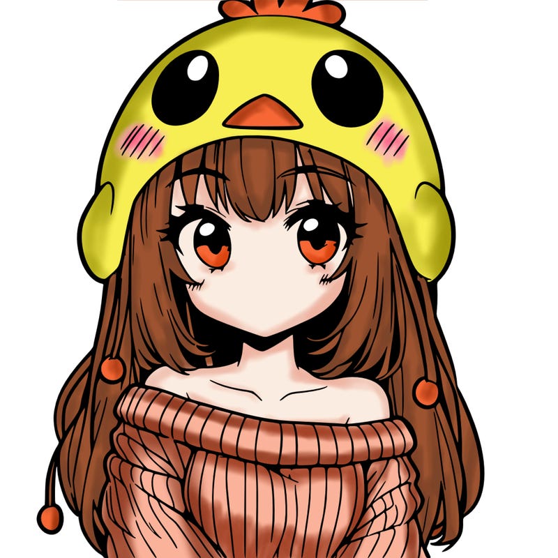 anime girl with chick shaped hat with sweater with bare shoulders with bangs covering them one eye with low tail