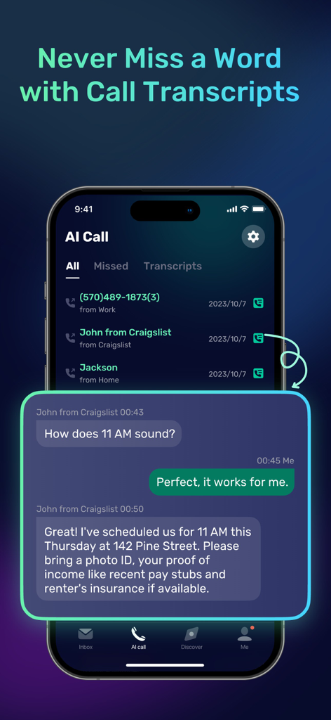 AI Phone:Call&Voice Translator - Interface do aplicativo AI Phone mostrando registros de chamadas e uma transcrição detalhada de uma conversa sobre um agendamento