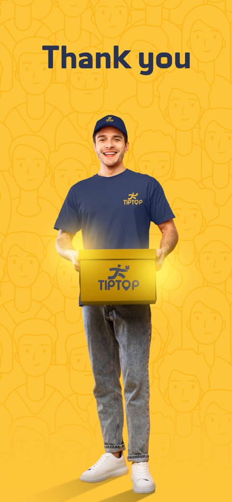 TipTop تيب توب - A smiling TipTop delivery courier holding a yellow package with a Thank You headline.