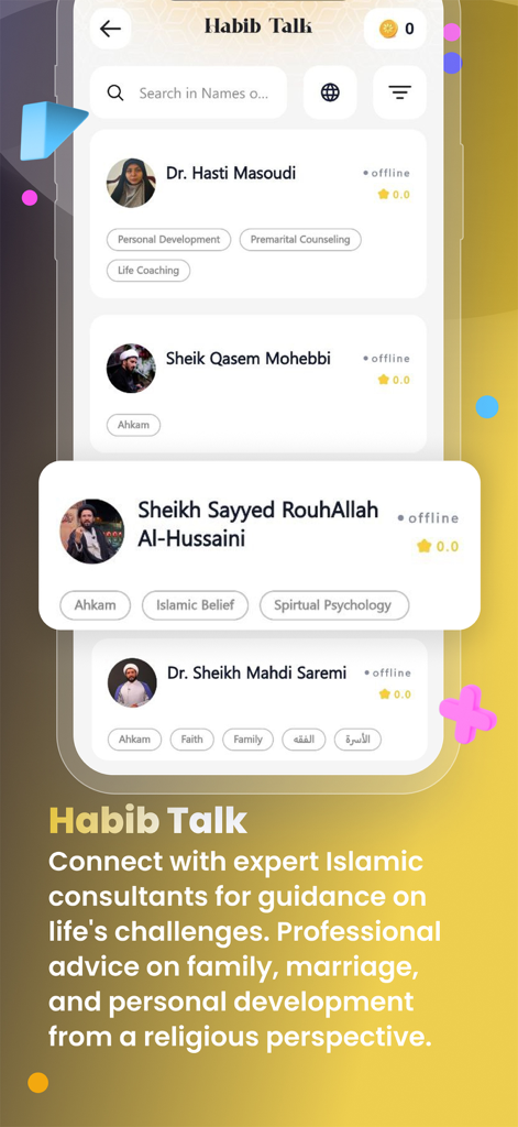 Habib | Shia Ai Quran Dua Azan - Habib Talk feature screen showing a list of expert Shia Islamic consultants for personal and religious guidance