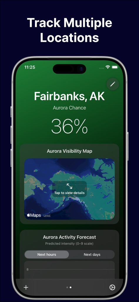 Aurora Now - Captura de tela do aplicativo Aurora Now exibindo mapa de visibilidade da aurora e 36% de chance de Aurora Boreal em Fairbanks, Alasca.