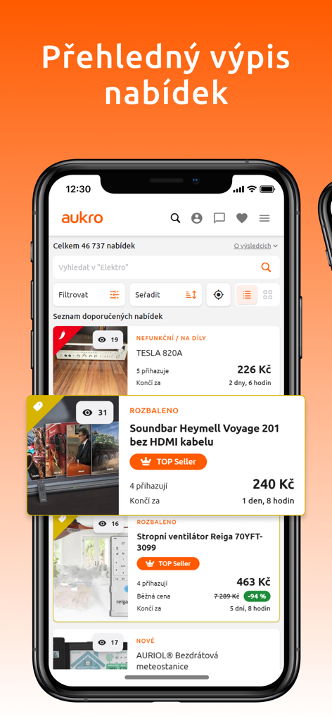 Interface de l'application mobile Aukro affichant une liste claire d'offres d'enchères pour des produits électroniques.