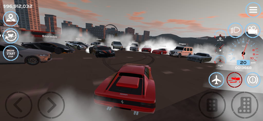 Un groupe de voitures de sport effectuant des dérives dans un environnement urbain en monde ouvert dans Car Sim Open World.