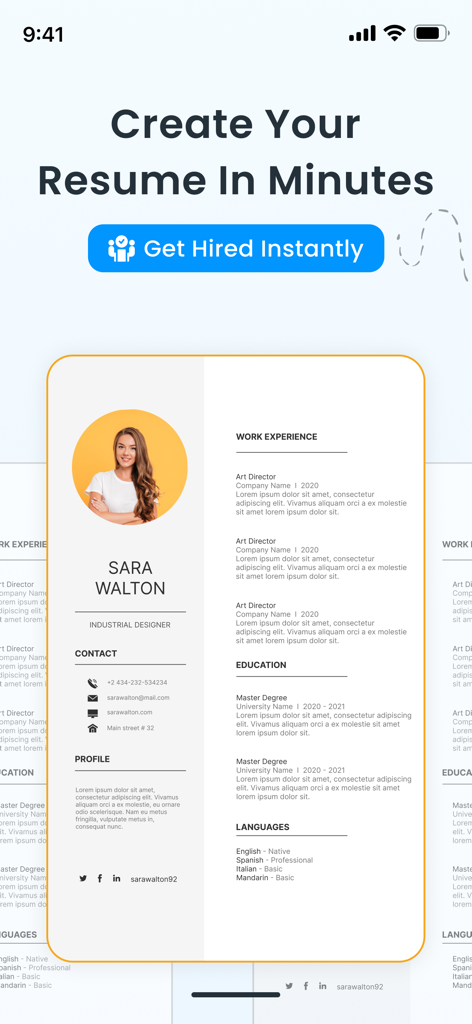 CV Maker & Resume Builder PDF - CVメーカー＆レジュメビルダーモバイルアプリに表示されたプロフェッショナルな履歴書テンプレート。
