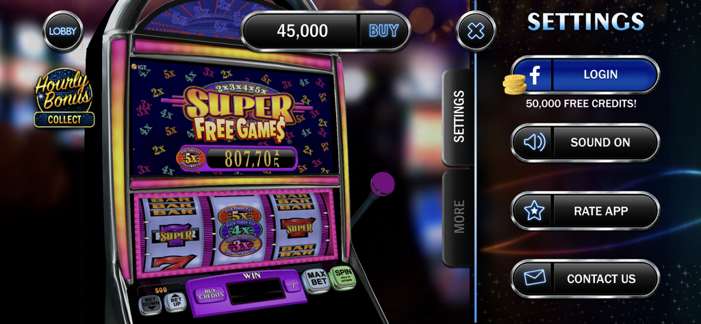 DoubleDown Classic Slots - DoubleDown Classic Slots game screen showing a 3-reel slot machine and settings menu.