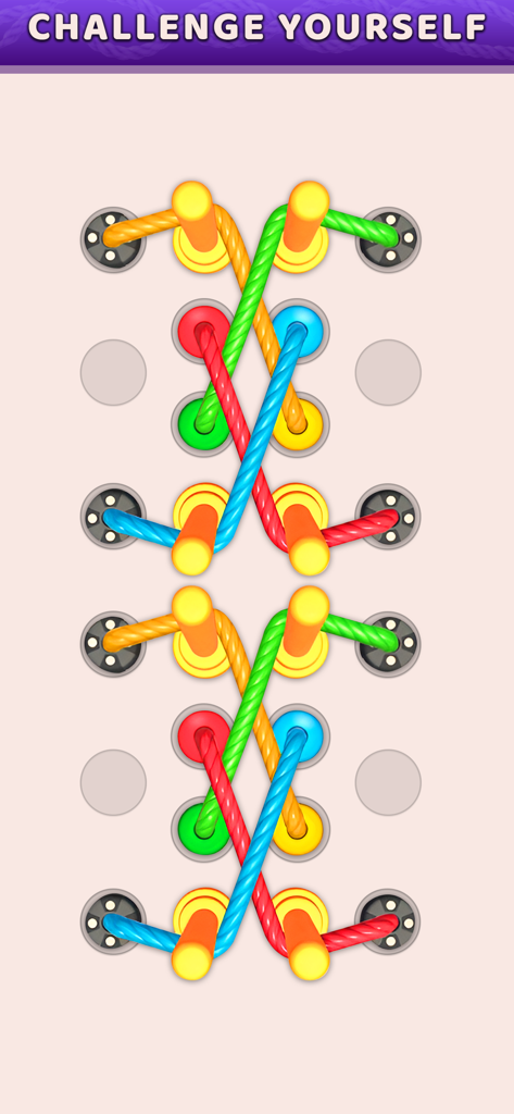 Twisted Tangle Rope: Knots 3D - A 3D puzzle level showing colorful ropes tangled around pegs with a header that says challenge yourself.