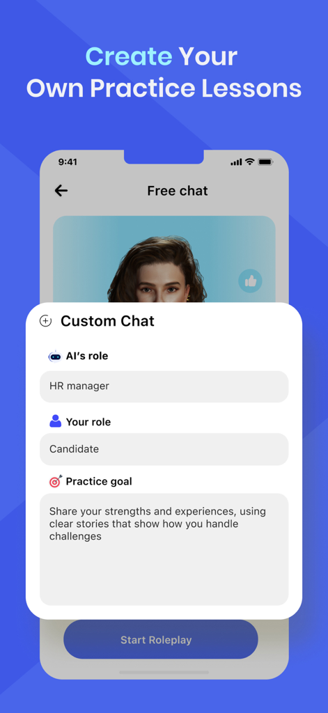 Hablo: Speak & Learn English - Hablo app screen for creating a custom English speaking practice lesson with AI roleplay for a job interview