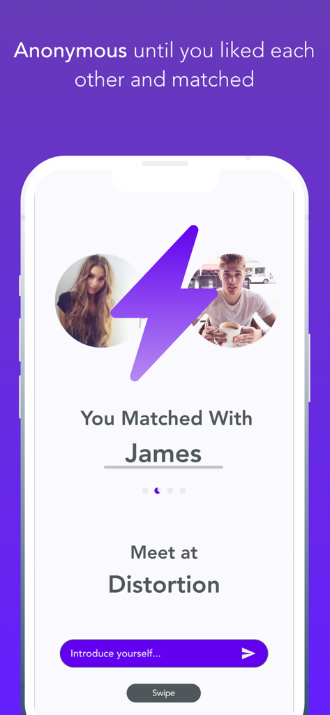 Interfaz de la app móvil mostrando un match exitoso entre dos usuarios en un local llamado Distortion