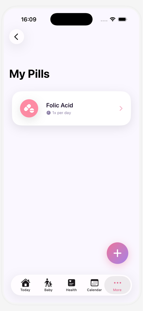 Mom Plus Pregnancy Tracker - Interface of the Mom Plus app showing the prenatal vitamin tracking screen with a daily folic acid reminder