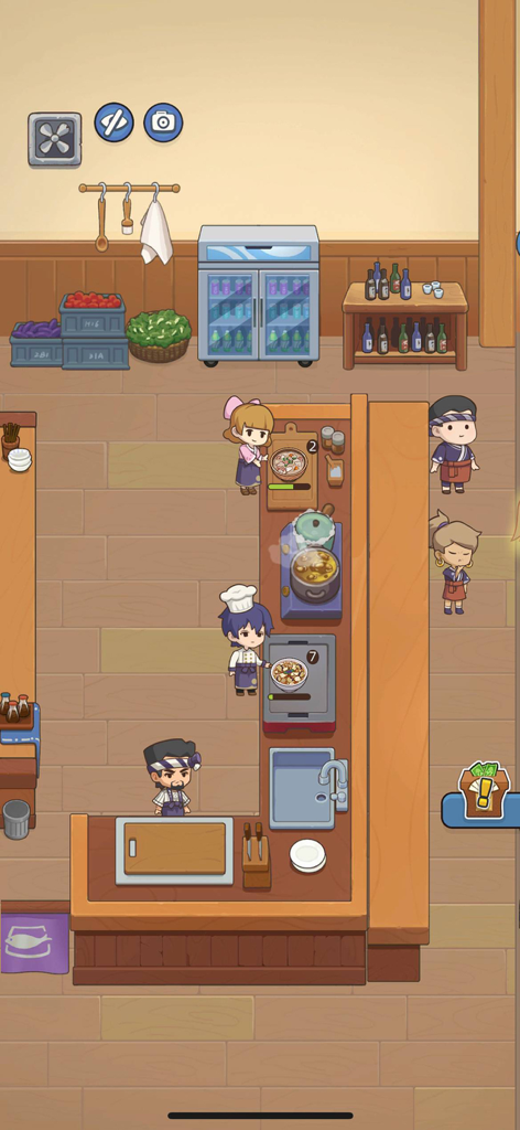 Chibi staff members preparing Japanese dishes in a cozy sushi restaurant simulation game