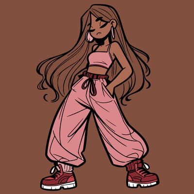 girl in baggy pants crop top and long hair