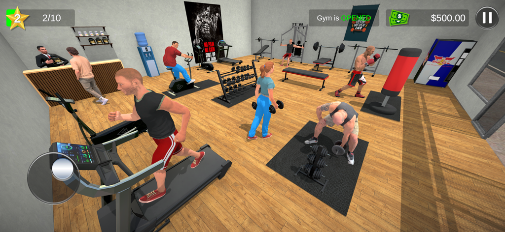 Fitness Gym Simulator Game 3D - A 3D gym simulation game showing multiple characters exercising on treadmills, stationary bikes, and with weights in a fully equipped gym.