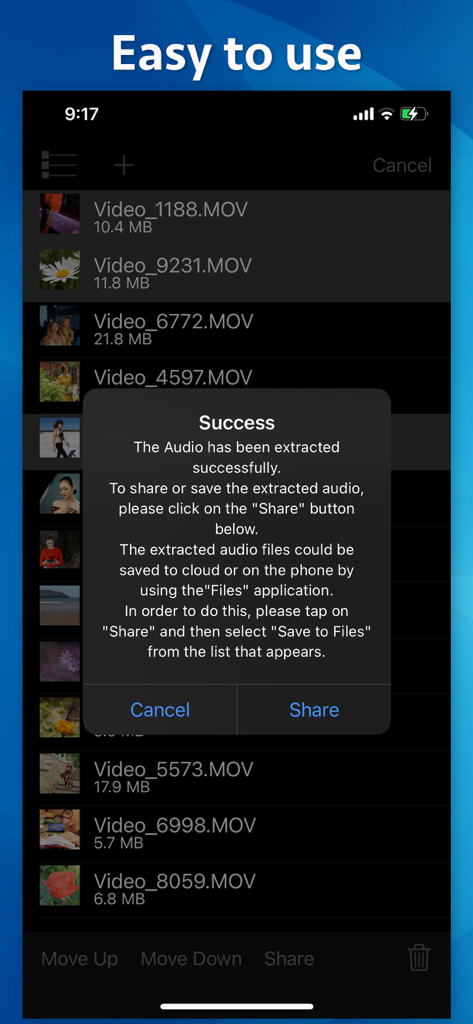 Video to Audio Extractor - Ventana emergente de mensaje de éxito en la aplicación Extractor de Vídeo a Audio que muestra la extracción de audio completada de varios archivos de vídeo