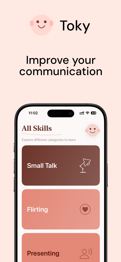 Toky: AI Communication Coach - Pantalla de la app Toky IA mostrando categorías de práctica de comunicación incluyendo charla trivial, coqueteo y presentación