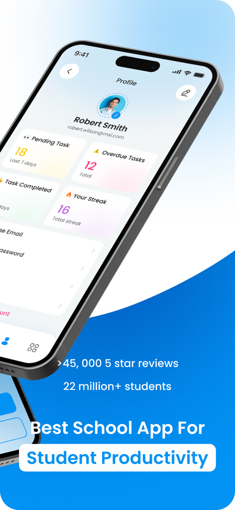 User profile dashboard for My Study Life school planner showing student productivity stats