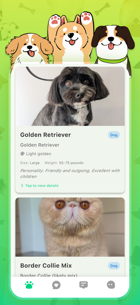 Interface de l'application Jexhor montrant des photos d'animaux et des détails de race dans un fil d'actualité.