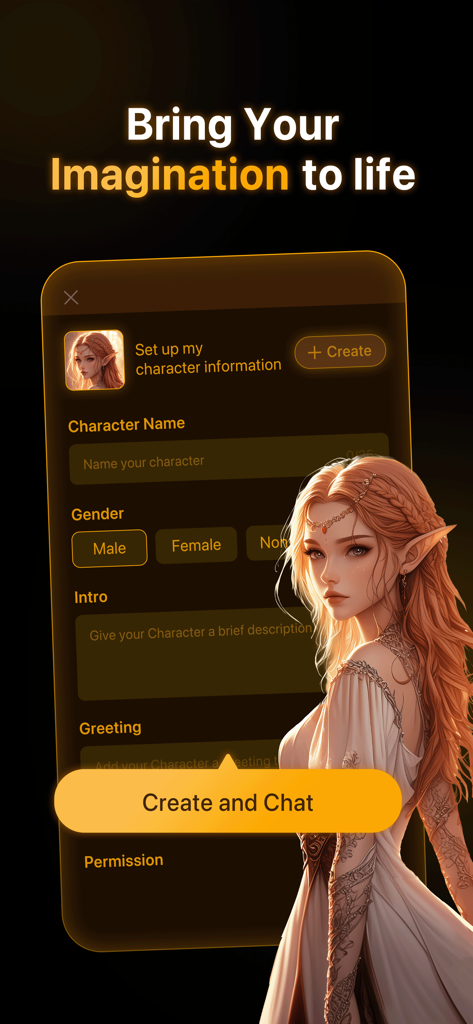 PolyBuzz app interface for creating a custom AI character featuring a fantasy elf illustration