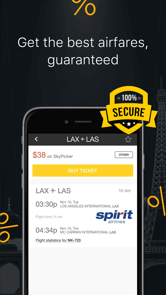 안전 예약 배지와 함께 스피릿 항공의 로스앤젤레스발 라스베이거스행 38달러 항공권을 보여주는 스마트폰 앱 화면