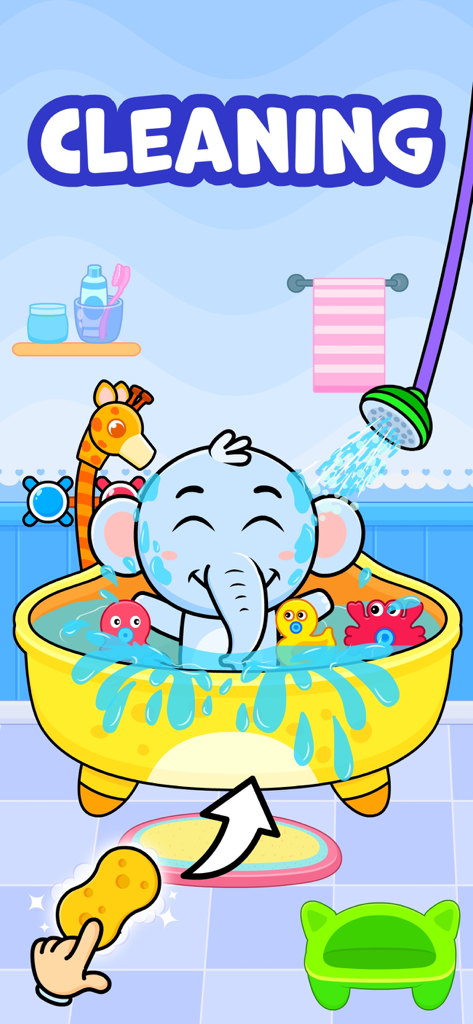 Interaktives Reinigungsspiel mit einem Cartoon-Elefanten in einer Badewanne.