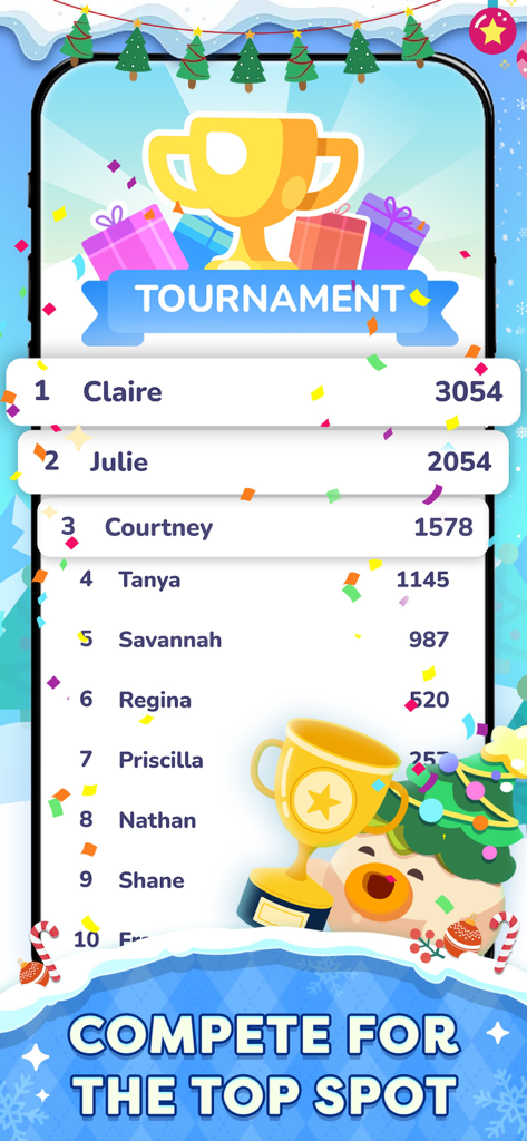 Tournament leaderboard screen in NumMatch Logic Puzzle app showing player rankings and scores with a winter theme