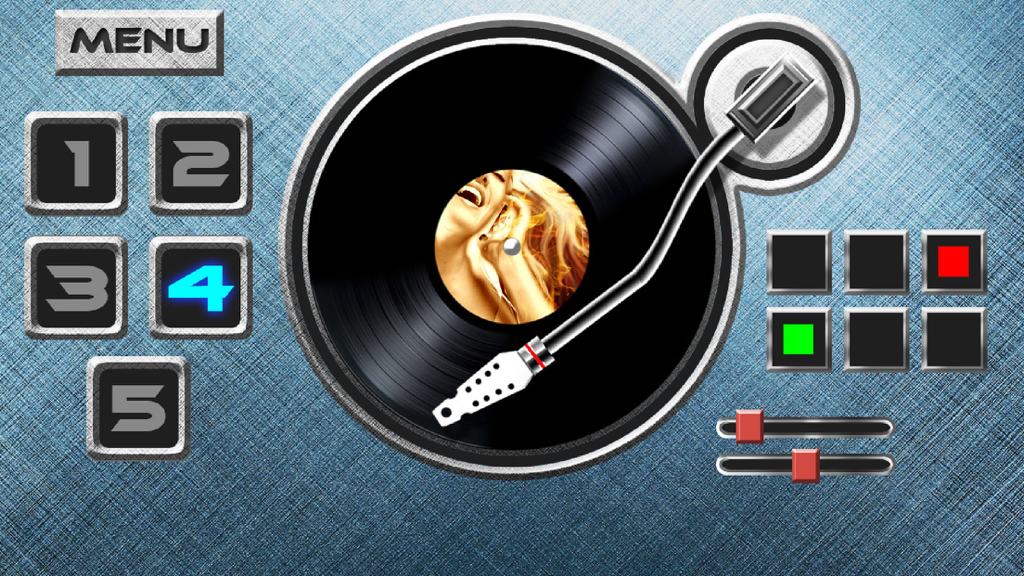 Mobile app interface of Simulator DJ PRO featuring a virtual vinyl turntable and various sound control buttons and sliders